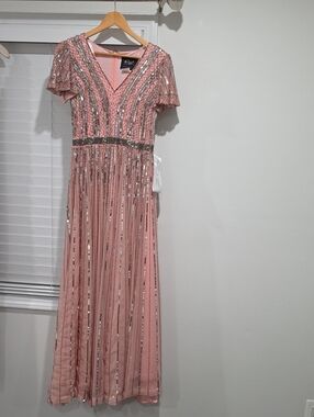 Mac Duggal Pink Sequin V-Neck Maxi Gown
